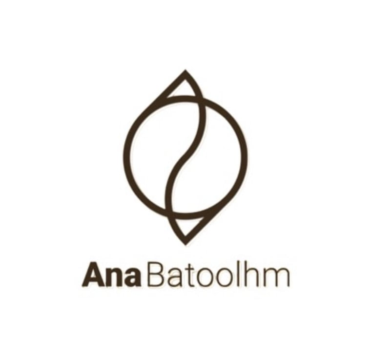 Ana Batoolhm logo featuring a stylized leaf and circle design in brown